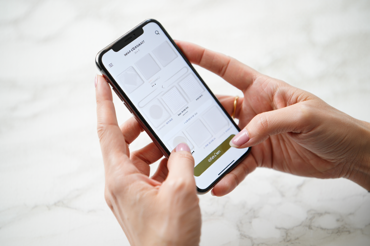 Kadin elleri e-ticaret arayuzu gosteren telefon tutuyor