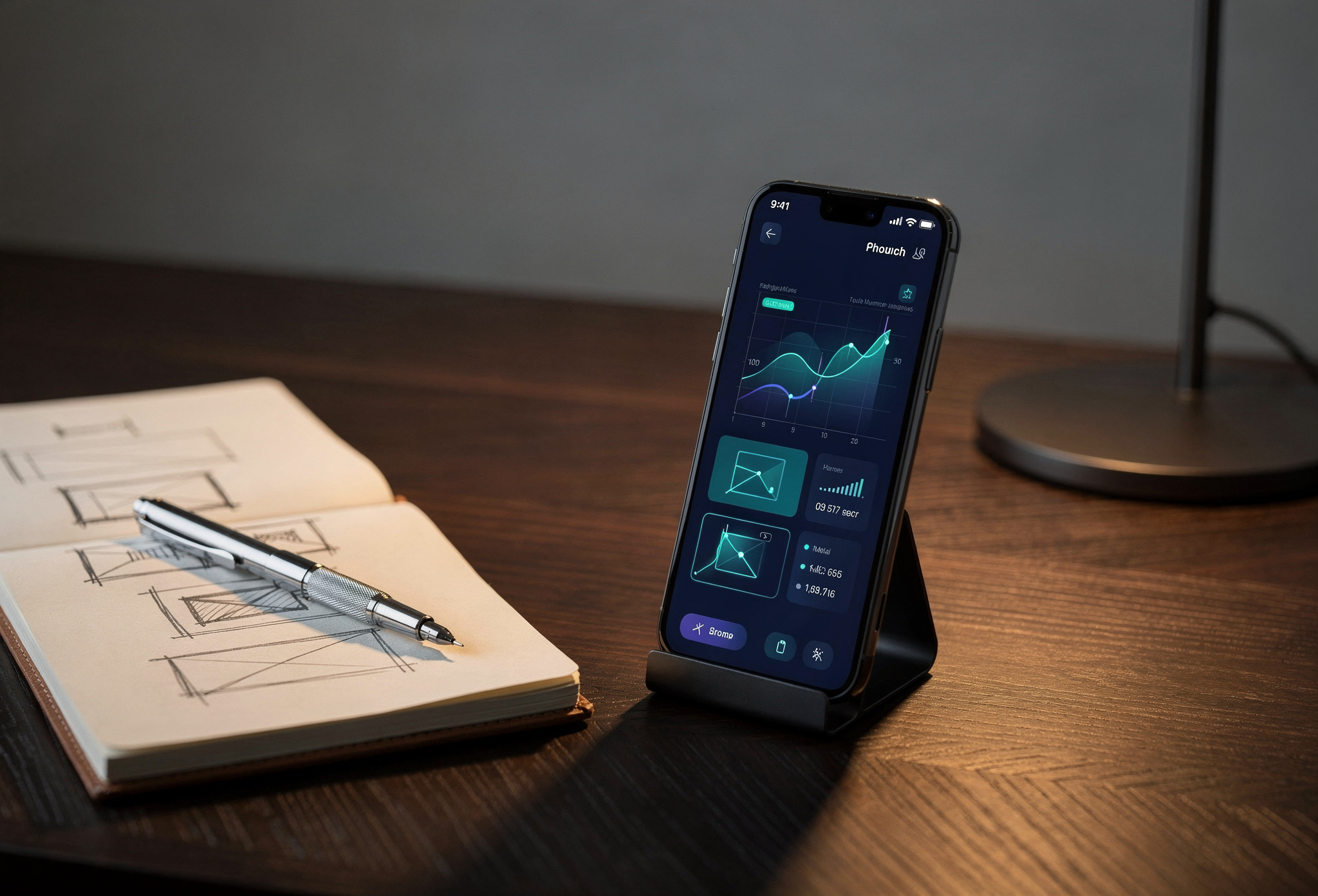 Koyu temali fintech dashboard gosteren telefon masada